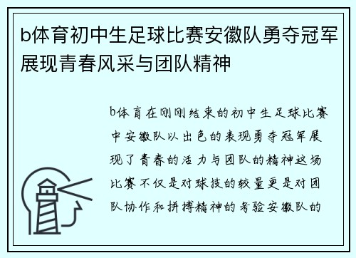 b体育初中生足球比赛安徽队勇夺冠军展现青春风采与团队精神