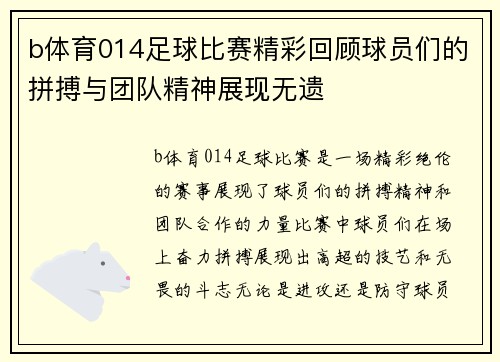 b体育014足球比赛精彩回顾球员们的拼搏与团队精神展现无遗