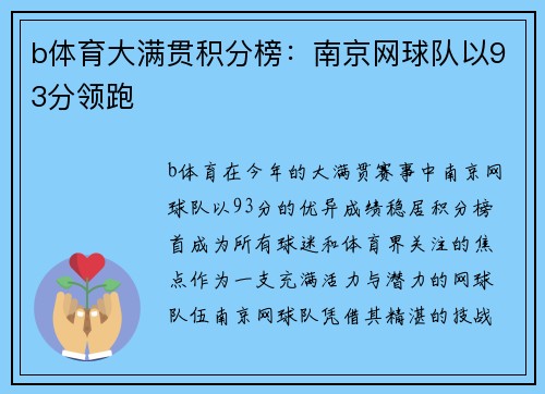 b体育大满贯积分榜：南京网球队以93分领跑